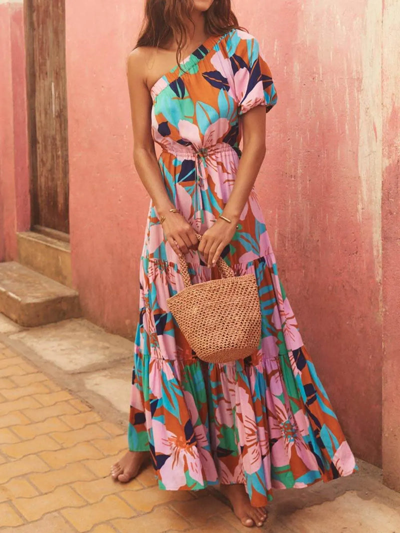 Off-shoulder Palm Leaf Print Holiday Style Dress