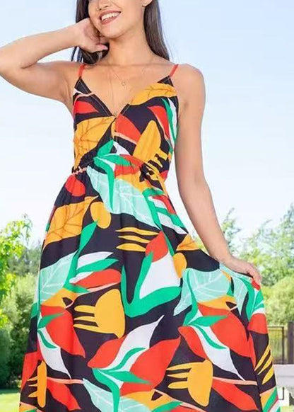 Green V Neck Print Cotton Vacation Spaghetti Strap Dresses Sleeveless