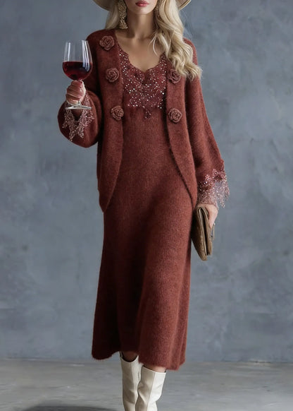 French Rust Lace Patchwork Cotton Knit Cardigans and Maxi Skirts Two Piece Set Spring
