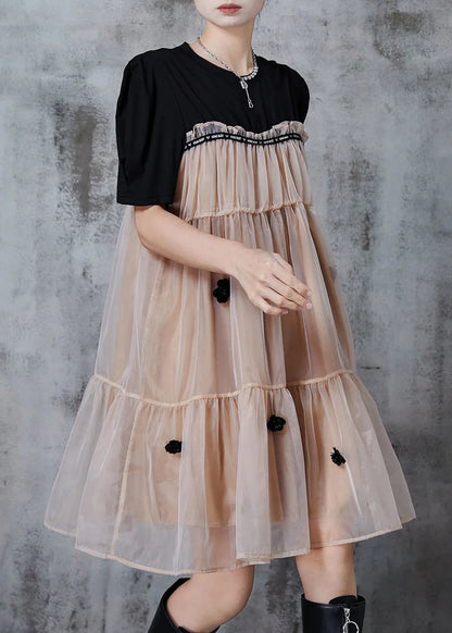 Khaki Oversized Patchwork Tulle Tea Dress Summer