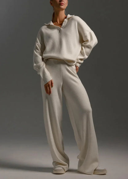 Modern Khaki Sweaters and Wide Leg Pants Knit Two-piece Set Winter
