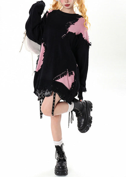 Black Tasseled Patchwork Hole Cozy Sweater Winter