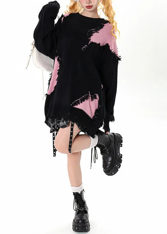 Black Tasseled Patchwork Hole Cozy Sweater Winter