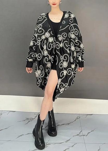 Loose Black V Neck Button Print Cotton Cardigan Fall