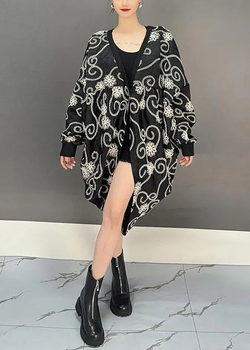 Loose Black V Neck Button Print Cotton Cardigan Fall