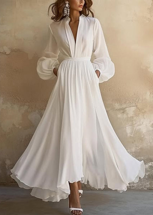 Boutique White V Neck Wrinkled Chiffon Maxi Dresses Fall