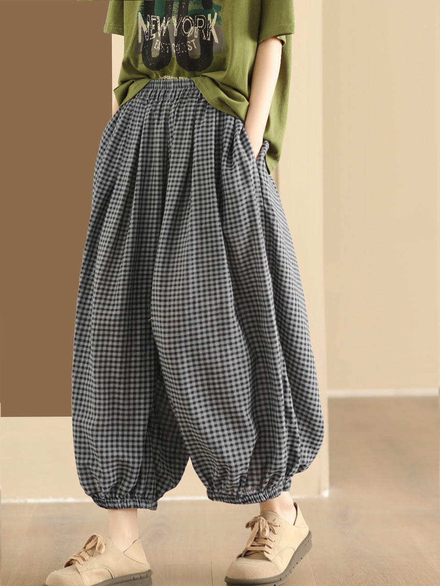 Summer Plaid Cotton Harem Pants