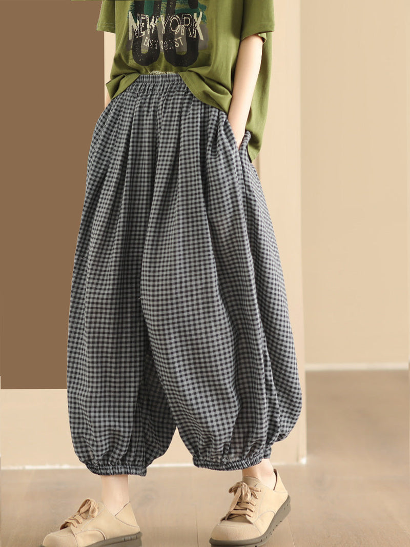 Summer Plaid Cotton Harem Pants