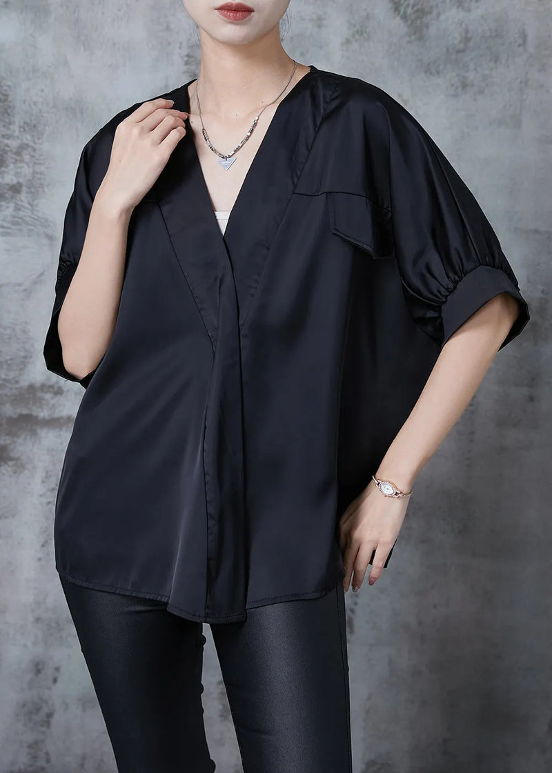 Black V Neck Patchwork Silk Shirt Top Summer