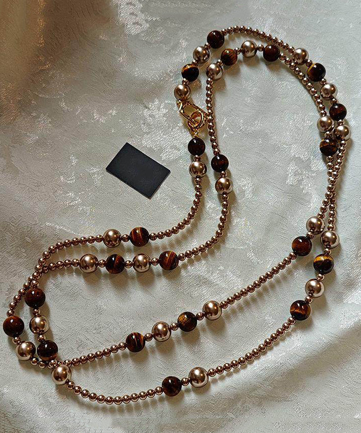 Original Design Coffee Tiger's Eye Stone Ball Double Tier Copper Long Necklace