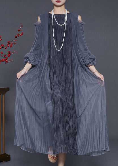 Style Grey Cold Shoulder Patchwork Wrinkled Silk Dresses Summer