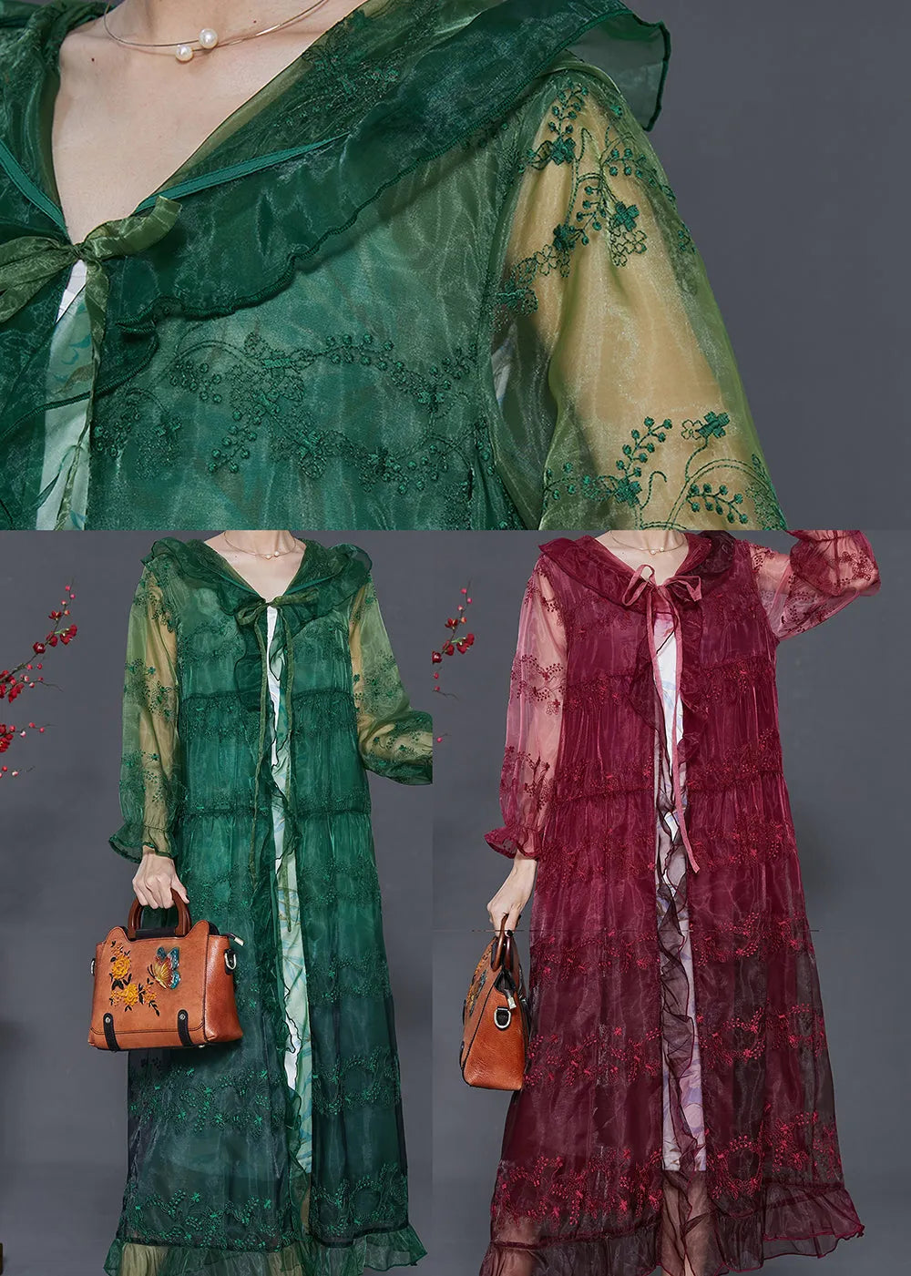 Mulberry Embroidered Organza Hooded Cardigan Summer