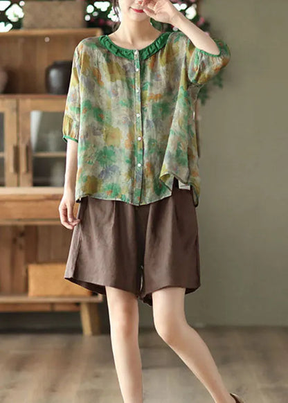 Simple Red O Neck Patchwork Print Linen Shirt Tops Half Sleeve