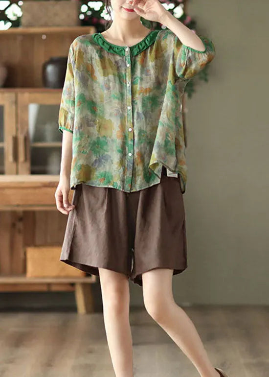 Simple Reddish Black O Neck Patchwork Print Linen Shirt Tops Half Sleeve
