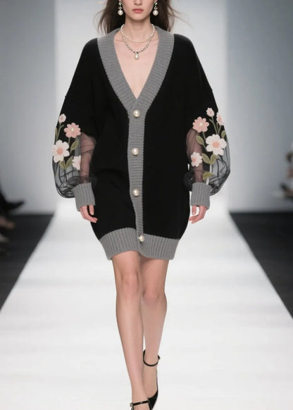 Stylish Black V Neck Tulle Patchwork Knit Cardigans Fall