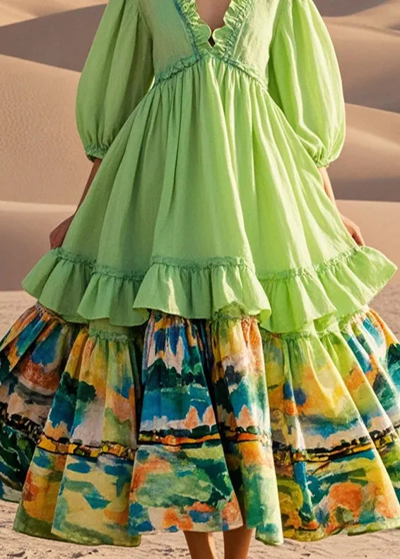 Light Green Ruffled Patchwork Exra Large Hem Cotton Party Dress Half Sleeve