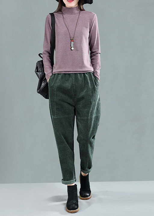 Green Elastic Waist Patchwork Corduroy Harem Pants Fall