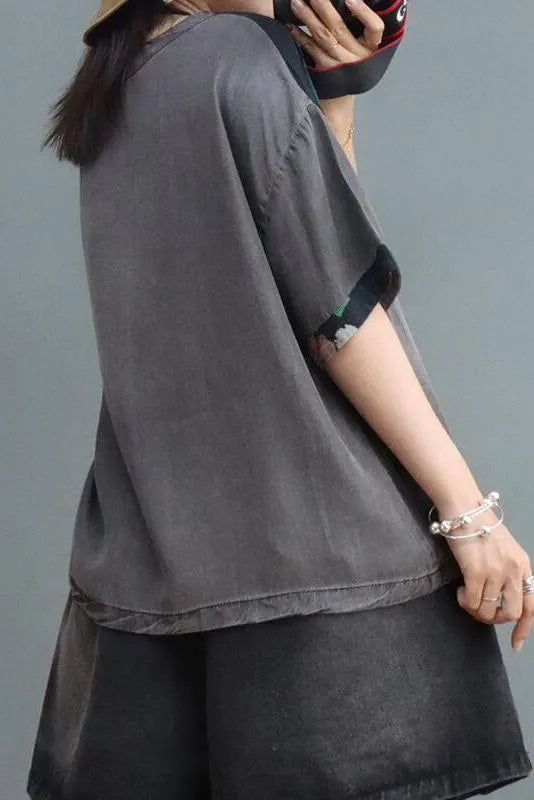 Denim Cotton Linen Stitching V Neck T-shirt