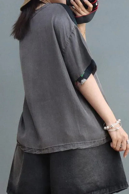 Denim Cotton Linen Stitching V Neck T-shirt