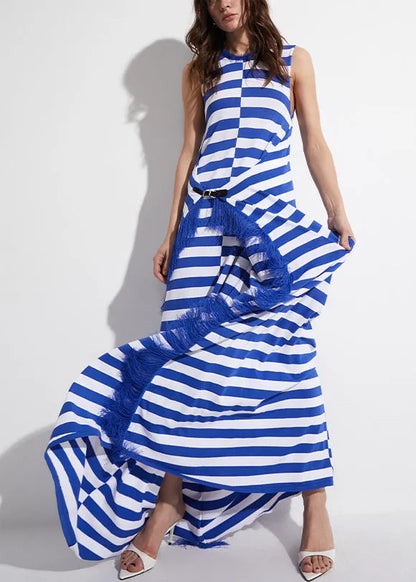 Original Blue Striped Tasseled Knit Robe Dresses Sleeveless
