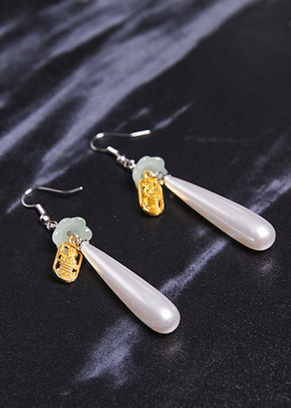 Retro Water Droplet Pearl Fupai 14k Gold Drop Earrings