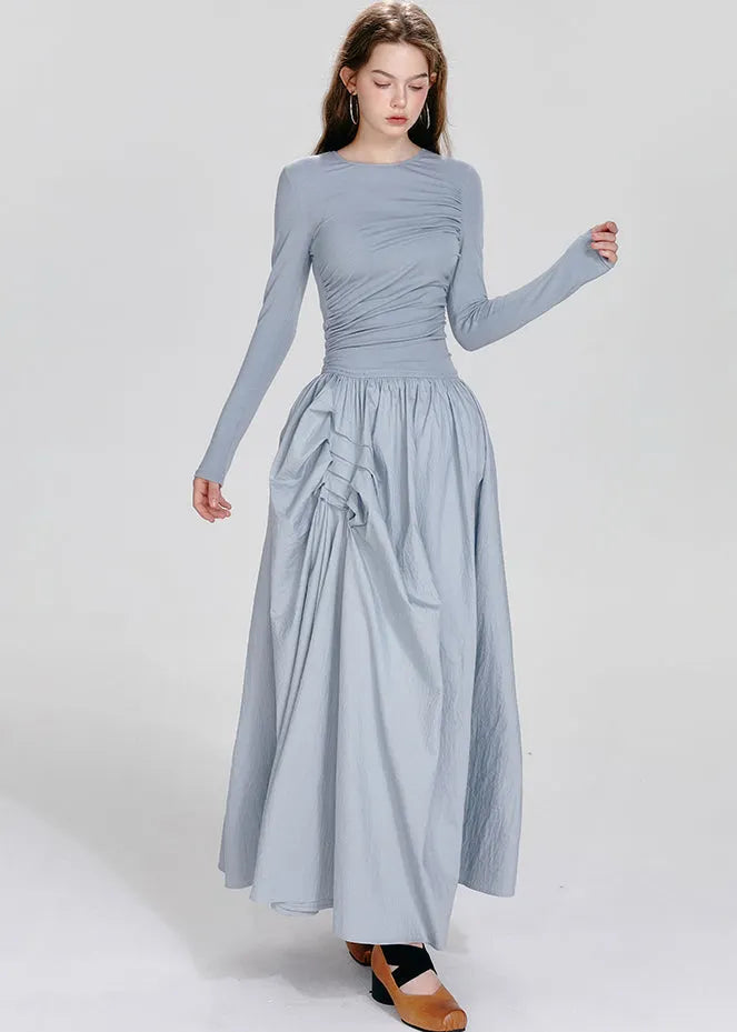French Blue O-neck Asymmetrical Wrinkled Maxi Dresses Fall