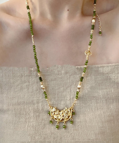 Retro Green Alloy Jade Cat's Eye Stone Tassel Pendant Necklace