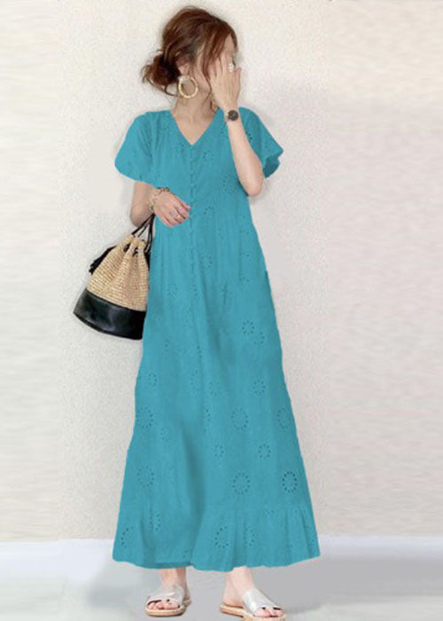 French Sky Blue V Neck Hollow Out Embroidered Cotton a Line Dress Summer
