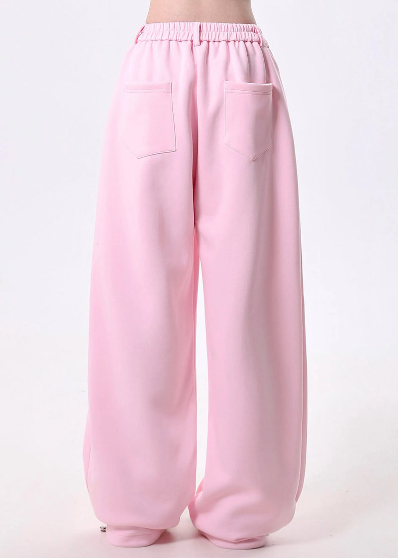 Pink Elastic Waist Cotton Straight Pants Spring
