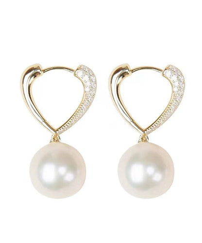 Gold Sterling Silver Alloy Inlaid Zircon Love Pearl Hoop Earrings