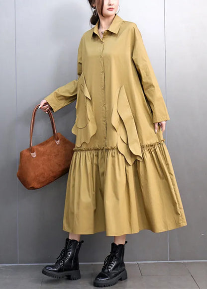 Yellow Peter Pan Collar Pockets Long Shirts Dresses Spring