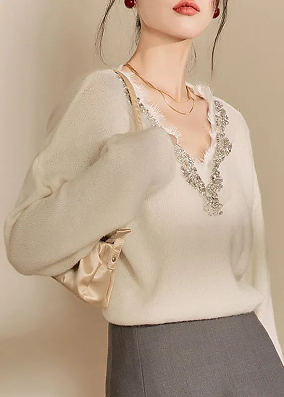 Diy Beige V Neck Lace Patchwork Cozy Cotton Knit Sweaters Winter