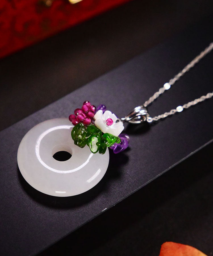 White Sterling Silver Jade Ping Buckle Pendant Necklace