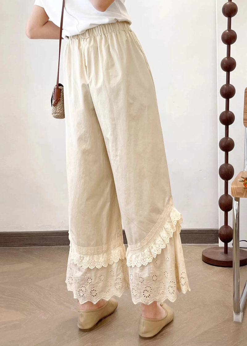 Summer New Apricot Lace Splicing Wide Leg Pants