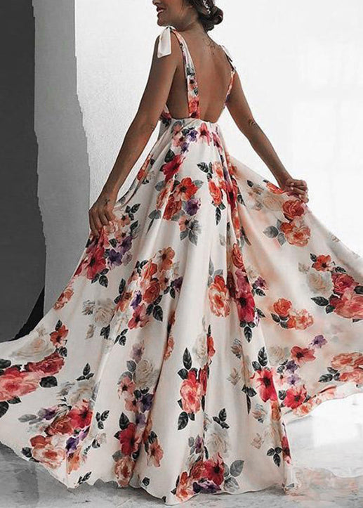 Backless Print Lace Up Chiffon Spaghetti Strap Dress Summer