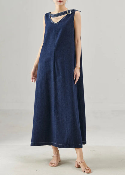 Natural Navy Oversized Denim a Line Dresses Sleeveless