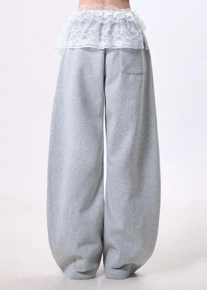 Grey Oversized Patchwork Lace Cotton Wide Leg Pants Spring