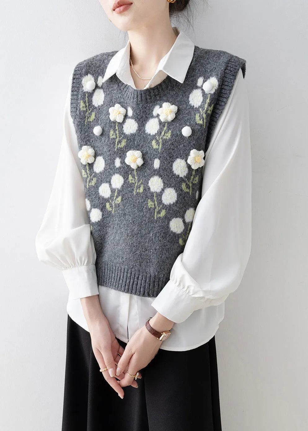 Dark Grey O Neck Knit Vest Sleeveless