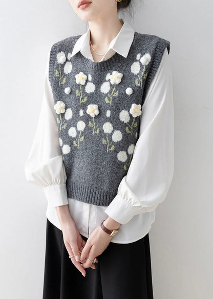 Dark Grey O Neck Knit Vest Sleeveless