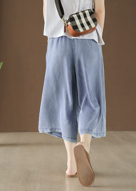 Light Blue High Waist Draping Cotton Denim Wide Leg Pants Summer