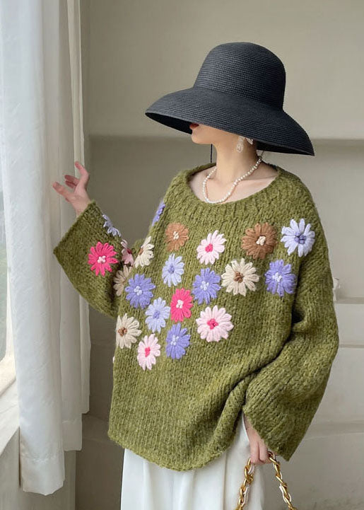 Green Embroidered Knit Sweaters Winter