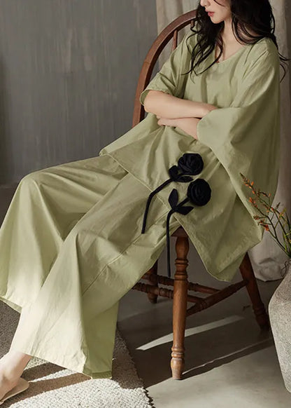 Green T Shirt and Wide Leg Pants Cotton Two Piece Set V Neck Batwing Sleeve