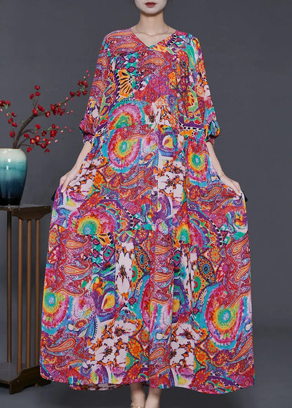 Purple Print Chiffon Holiday Dress Cinched Exra Large Hem Summer