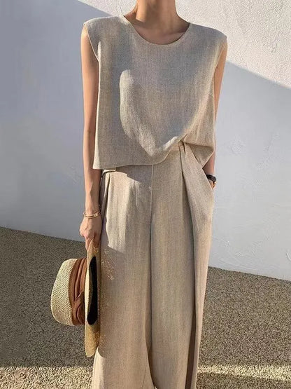 Round Neck Sleeveless Vest Top + High Waist Wide Leg Pants Set