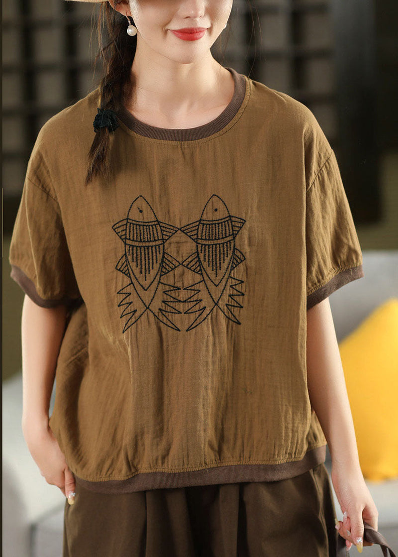White O Neck Embroidered Loose Linen T Shirts Summer