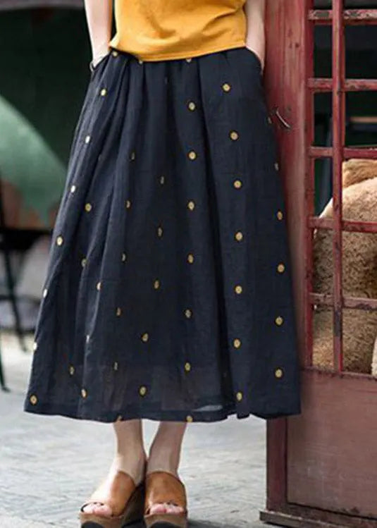 Retro Chocolate-flower1 Print Pockets Linen Skirt Summer