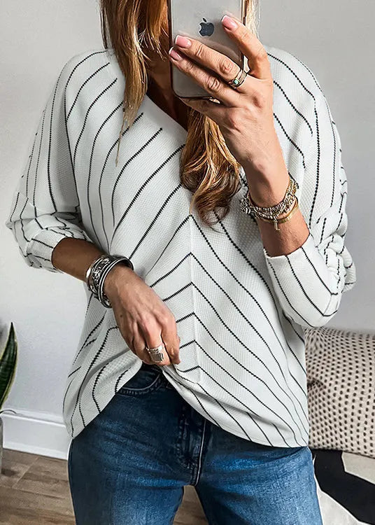 Unique V Neck Striped Cotton Tops Bracelet Sleeve