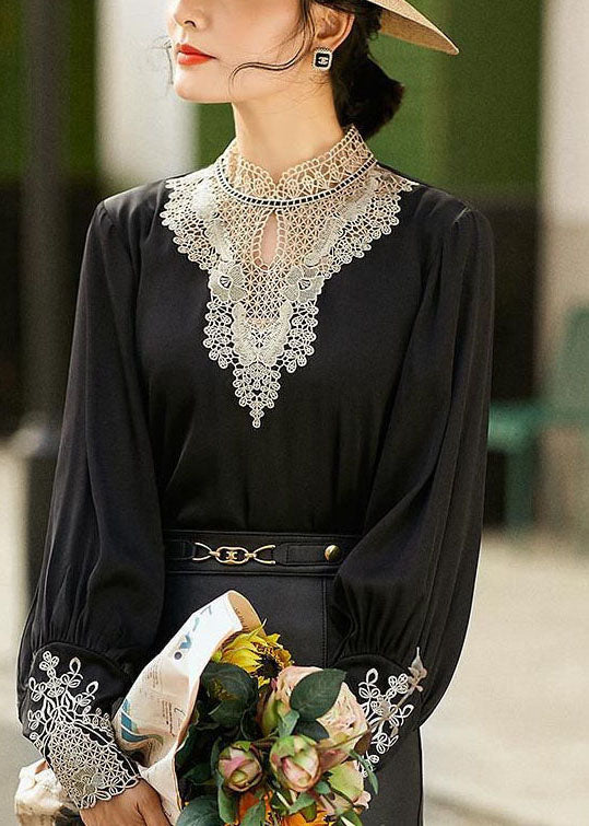 Black Stand Collar Embroidered Hollow Out Chiffon Blouse Tops Long Sleeve