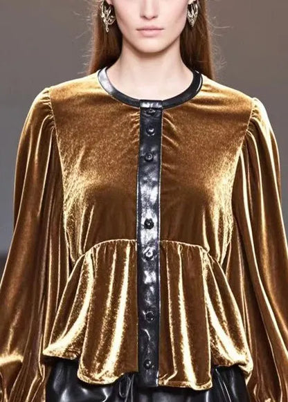 Golden O-neck Patchwork Silk Velour Tops Fall
