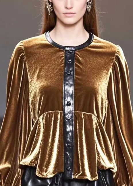 Golden O-neck Patchwork Silk Velour Tops Fall